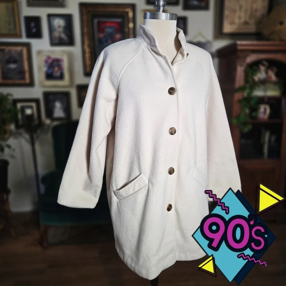 Vintage 90s Blair‎ Winter White Fleece Car Coat Jacket Gold Buttons Made in USA